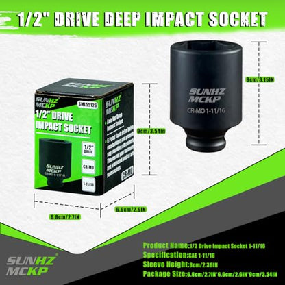 SUNHZMCKP 1/2” Drive Impact Socket, SAE 1-11/16 In Deep 6 Point Socket, CR-MO, Axle Nut Impact Grade Socket for Easy Removal (1-11/16) - color: Sae, size: 1-11/16 inch