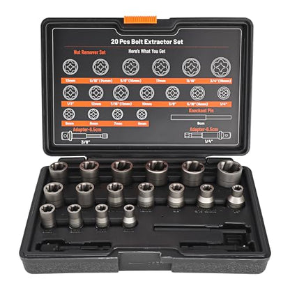 Bolt Extractor Set 20Pcs Stripped Bolt Remover Lug Nut Remover | Lug Nut Extractor Set for Broken Damaged Rounded-Off Bolts, Nuts, Bolts, Studs, Threaded Tubes - size: 20pcs