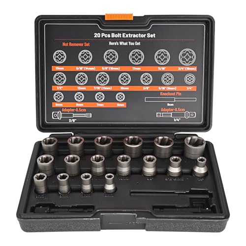 Bolt Extractor Set 20Pcs Stripped Bolt Remover Lug Nut Remover | Lug Nut Extractor Set for Broken Damaged Rounded-Off Bolts, Nuts, Bolts, Studs, Threaded Tubes - size: 20pcs