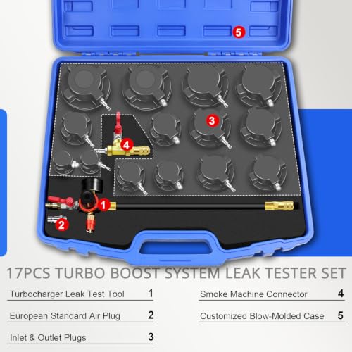 Turbo Boost System Leak Tester Kit 17PCS Turbocharger Leakage Detector Set | Turbine Pressure Testing Tool (6 Bar), 7 Pairs Stepped Adapters (1-1/4" to 4" Inlet & Outlet Plugs), Smoke Machine Connector