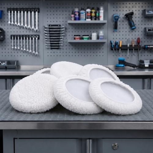 6-Pack 5 to 6 Inch Car Polishing Bonnets, Synthetic Fleece Buffing Pads for Dual Action Orbital Buffer, Soft Waxing & Detailing Bonnet Pads for 5"- 6" Polishers (White)