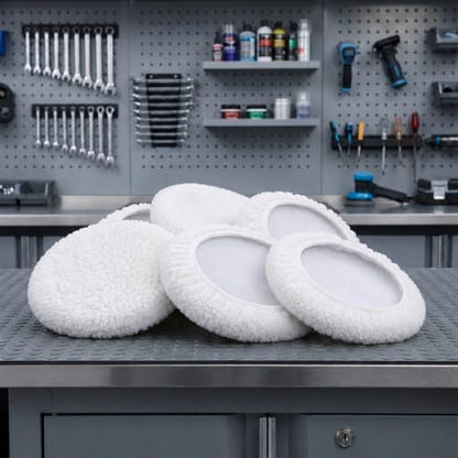 6-Pack 5 to 6 Inch Car Polishing Bonnets, Synthetic Fleece Buffing Pads for Dual Action Orbital Buffer, Soft Waxing & Detailing Bonnet Pads for 5"- 6" Polishers (White)