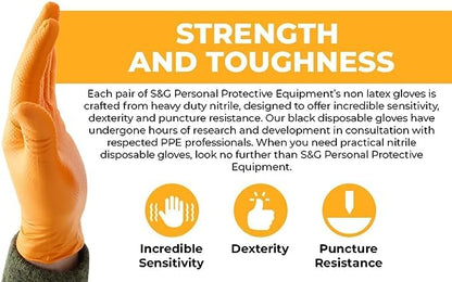 S&G Orange Nitrile Gloves Disposable Latex-Free 8Mil Thick Heavy Duty Powder-Free for Industrial, 1000 Pcs- Medium, Large, XL - size: Large