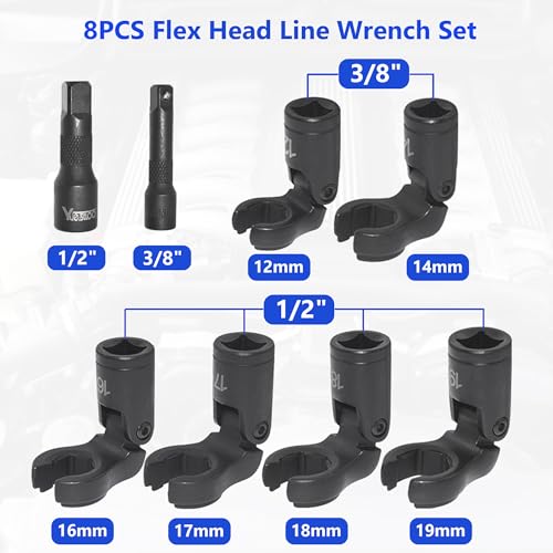 8PCS Flex Head Crows Foot Line Wrench Set, Injector Fuel Line Sockets Wrench Set with 3/8" & 1/2" Drive, Metric Crowfoot Flare Nut Socket Wrench for 12 14 16 17 18 19 mm Nuts, with Extension Bar - size: 8pcs