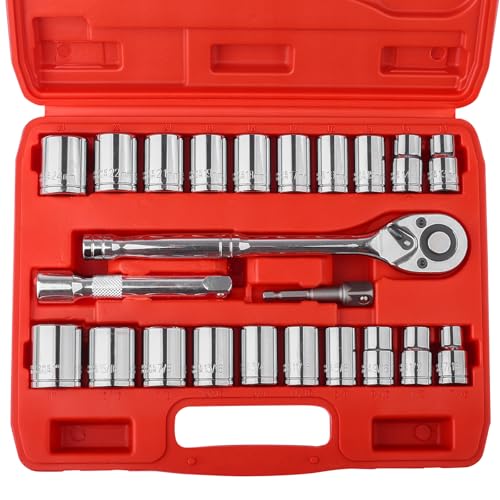 Egofine 1/2" Drive Socket Set, 23 Piece Standard SAE (7/16 to 1 inch) and Metric (13-19, 21, 22, 24mm) 6 Point, with Quick Release Ratchet, Extension Bars, Drive Drill Adapter - style: 1/2" 23 PCS with 45 Teeth Ratchet