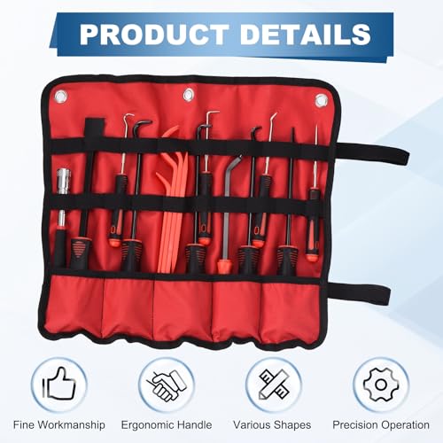 15Pcs Hook and Pick, Straight Head Magnetic Pickup Tool Plastic Pry Pieces Large Small Hook Short Pry Bar Gasket Scraper for Remove Hoses Gaskets Car Panel Fastener, Red - color: Red