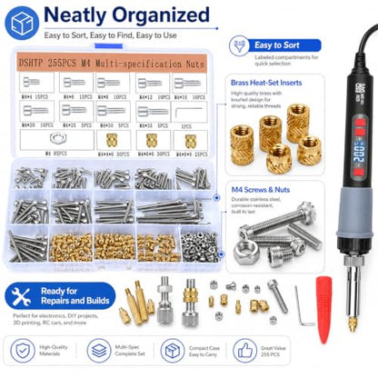 255PCS M4 Heat Set Insert Kit for 3D Printing, 60W Digital Soldering Iron with Adjustable 200-500°C Temperature, Brass Threaded Inserts, Bolts, Nuts, M4 Insert Tips for Plastic & 3D Printed Parts