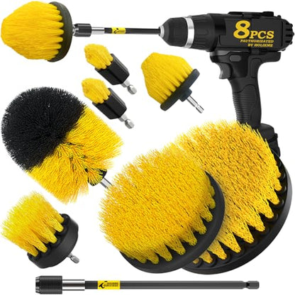 Holikme 8Piece Drill Brush Attachment Set - Power Scrubber Cleaning Kit | Nylon Fibers, Power Scrubber Attachments for Tile, Shower, Floors, Kitchen and Auto Interior Care, Cleaning Tools, Yellow - color: Yellow