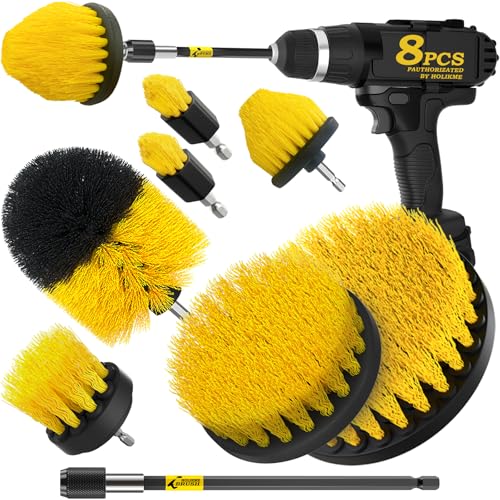 Holikme 8Piece Drill Brush Attachment Set - Power Scrubber Cleaning Kit | Nylon Fibers, Power Scrubber Attachments for Tile, Shower, Floors, Kitchen and Auto Interior Care, Cleaning Tools, Yellow - color: Yellow