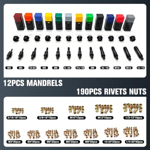 Rivet Nut Tool Kit, 16-Inch Rivnut Tool with 12 Metric & SAE Mandrels, 190PCS Rivet Nuts, Tool-Free Quick Change Rivet Nut Gun, Built-in Stroke Gauge, Carrying Case for Automotive, Metal Repair & DIY - size: 12 Mandrels + 190 Nuts