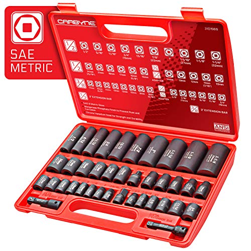 CARBYNE 40-Piece Impact Socket Set, SAE and Metric, Standard and Deep, 3/8 and 1/2 in. Drive, Corrosion-Resistant Finish, 6 Point, Storage Case