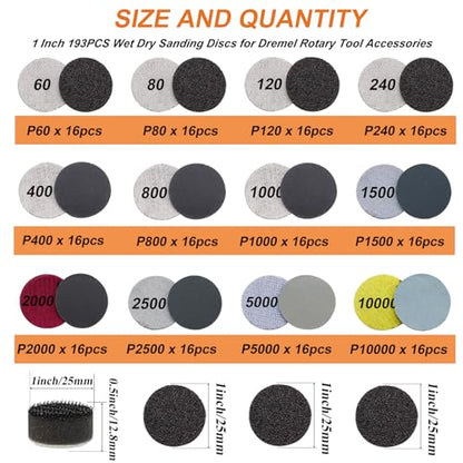 193pcs 1Inch Wet Dry Sanding Discs for Dremel Tool Accessories,60-10000 Grit Hook and Loop Sandpaper for Dremel Polishing Kit,Used for Resin/Rock/Making Jewelry Polishing - size: 1 inch