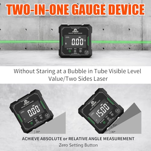 Digital Angle Finder with Green Laser, 4-side Magnetic Digital Laser Level, Rechargeable Mini Angle Gauge Measuring Tool Cube Inclinometer with Backlight for Woodworking Tablesaw Gift for Men - color: Green