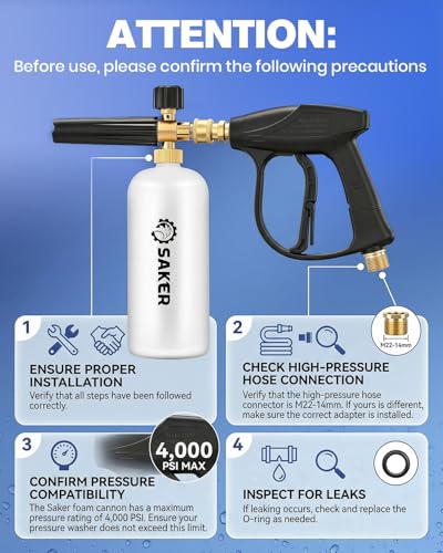 Saker Short Pressure Washer Gun with Foam Cannon, M22-14 to M22-15 and M22-14 to 3/8 Inch Brass Adapter Connector, with 5 Pressure Washer Nozzles - size: Two-Piece Set