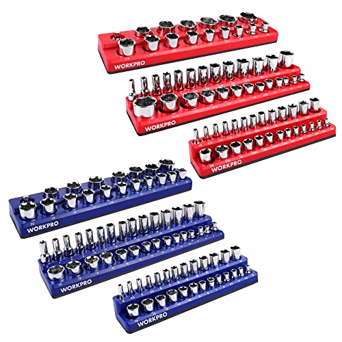 WORKPRO Magnetic Socket Organizer Set, 6-Piece Socket Holder Set Includes 1/4", 3/8", 1/2" Drive Metric SAE Socket Trays, Holds 143 Pieces Sockets, Christmas Gift for Men(Socket not Included) | 1/4", 3/8", 1/2" DR Socket Trays, Holds 143-Piece Sockets, Su