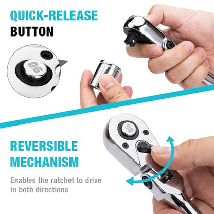 DURATECH 3-Piece Flex-Head Drive Ratchet Handle, 1/4", 3/8", 1/2" 90-Tooth Quick-Release Ratchet Wrench with 180° Pivoting Head & 7-Position Setting, Reversible, CR-V Made, Full Polished,Gifts for Men - size: Combo Kit(Polished)