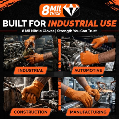 GripProtect 8 Mil Nitrile Gloves – Chemical Resistant, Diamond-Raised Textured Gloves, Orange Heavy Duty Disposable Gloves - size: L