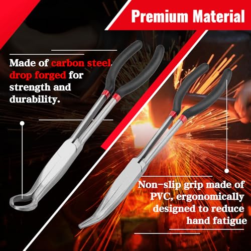 Needle Nose Pliers Set 5Pcs, Extra Long Reach Plier Set, 90°&45° Bent Nose Pliers, Circle Nose/Diagonal Pliers for Narrow Spaces, 11" Long Reach Straight Plier for Wire Bending, Trimming