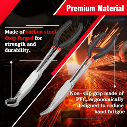 Needle Nose Pliers Set 5Pcs, Extra Long Reach Plier Set, 90°&45° Bent Nose Pliers, Circle Nose/Diagonal Pliers for Narrow Spaces, 11" Long Reach Straight Plier for Wire Bending, Trimming