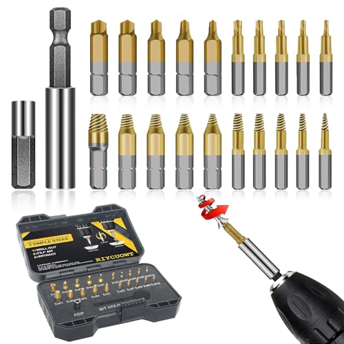 Damaged Screw Extractor Set: 22PCS Titanium Broken Bolt Extractor Kit - Easy Out Stripped Screw Extractor Kit for Easy Removal of Rusty & Broken Hardware High Speed Steel Gifts for Men