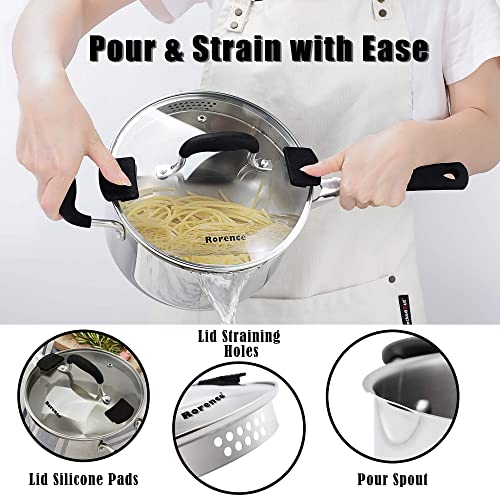 Rorence 3.7 Quart Saucepan with Glass Lid: Stainless Steel Sauce Pan with Two Sides Pour Spout & Riveted Silicone Handles & Build-in Strainer Tempered Glass Cover … - size: 3.7 quarts