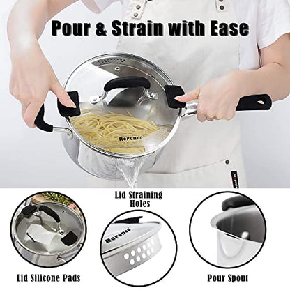 Rorence 3.7 Quart Saucepan with Glass Lid: Stainless Steel Sauce Pan with Two Sides Pour Spout & Riveted Silicone Handles & Build-in Strainer Tempered Glass Cover … - size: 3.7 quarts