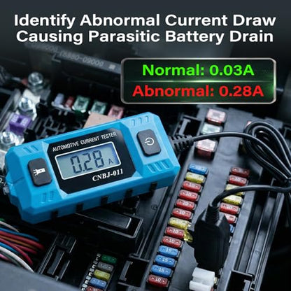 Automotive Circuit Fault Probe Tester, 20A 48V Parasitic Draw Tester for Car Fuse Circuits, Inline Current Monitor with Overcurrent Detection, Mini & Standard Blade Fuse Compatible