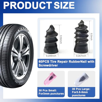 61PCS Tire Repair Rubber Nail Kit with Screwdriver, Screw In Tire Plugs Vacuum Tire Puncture Quick Fix Tool, Self Tapping Rubber Screw Plugs for Car Motorcycle Truck Flat Tire Emergency Repair - size: 60PCS+1