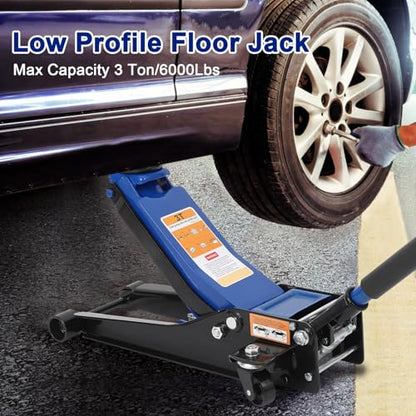 GarveeTech 3T Low Profile Floor Jack, Professional Low Profile Hydraulic Jack, Heavy Duty Steel Racing Floor Jack with Dual Piston Quick Lift Pump,Lift Range 3 in-19.5 in,Hydraulic Car Jack, Blue