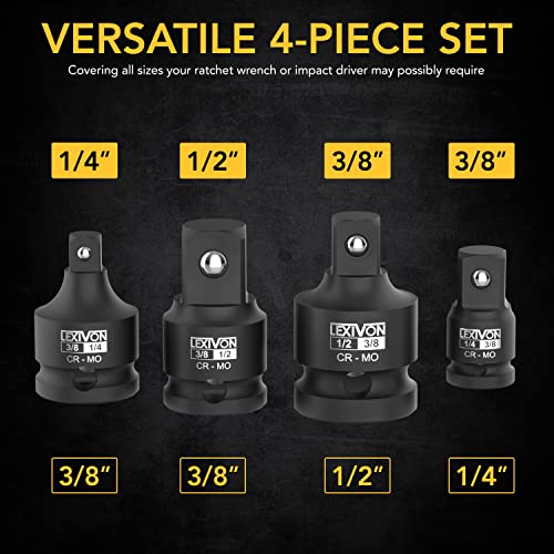 LEXIVON Impact Socket Adapter and Reducer 4-Piece Set | 1/4" - 3/8" - 1/2" Impact Driver Conversions, Chrome Molybdenum alloy steel (LX-112) - style: 4-Piece Set, 1/4"-3/8"-1/2" Adapters
