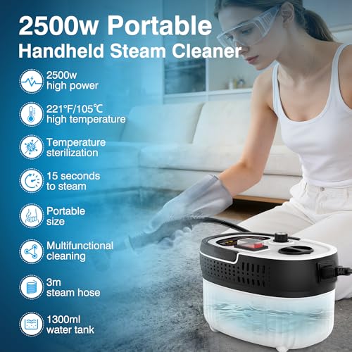 Steam Cleaner with 15-in-1 Kit, 2500W Steamer for Home & Car Detailing | 14.8ft Extended Reach, 15s Fast Heat-Up, 6-Level Adjustable, ANSI Z87.1 Safety Goggles, 45 Mins Steam, For Tile and Grout - color: White