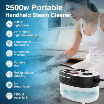 Steam Cleaner with 15-in-1 Kit, 2500W Steamer for Home & Car Detailing | 14.8ft Extended Reach, 15s Fast Heat-Up, 6-Level Adjustable, ANSI Z87.1 Safety Goggles, 45 Mins Steam, For Tile and Grout - color: White