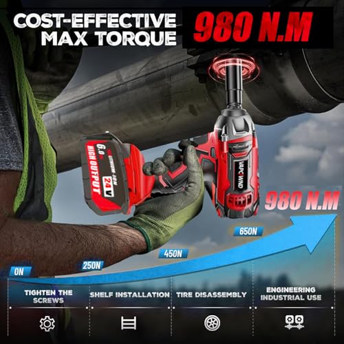 1/2" Cordless Impact Wrench 980 N.m Power Impact, w/2pcs 21V 2x6.0AH M18 Rechargable Battery, Fast Charger,Impact Driver Kit (0-8800 rpm), Socket for drill,Screwdriver,lug nuts