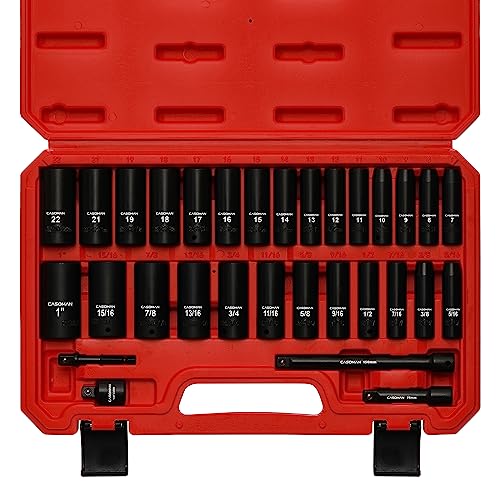 CASOMAN 3/8-Inch Deep Impact Socket Set, Metric & SAE, 31Piece Socket Set, CR-V, Includes Extension Bar (3, 6-inch) & Adapters, Heavy Duty Storage Case - size: 3/8"Drive 31pcs Impact Socket Set