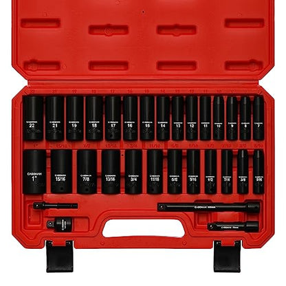 CASOMAN 3/8-Inch Deep Impact Socket Set, Metric & SAE, 31Piece Socket Set, CR-V, Includes Extension Bar (3, 6-inch) & Adapters, Heavy Duty Storage Case - size: 3/8"Drive 31pcs Impact Socket Set