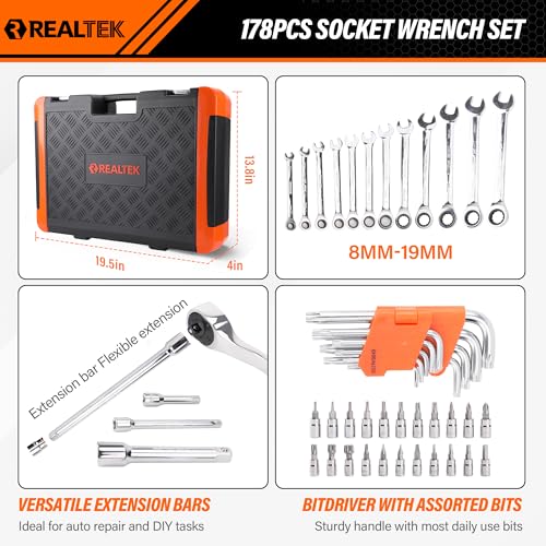 REALTEK 178 Pieces Socket Wrench Set 1/4"3/8"1/2",CR-V Metric Wrench Set with Extension Bar,Quick-Release Ratchet Wrench with Bit Socket Set for Auto Repairing,Household and Workshop,Durable Tool Box - size: 178 Pieces 1/4"3/8"1/2" Drive Socket Set