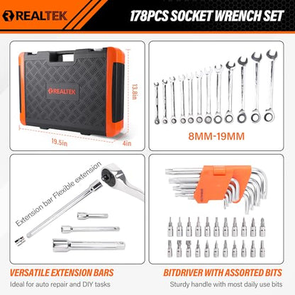 REALTEK 178 Pieces Socket Wrench Set 1/4"3/8"1/2",CR-V Metric Wrench Set with Extension Bar,Quick-Release Ratchet Wrench with Bit Socket Set for Auto Repairing,Household and Workshop,Durable Tool Box - size: 178 Pieces 1/4"3/8"1/2" Drive Socket Set