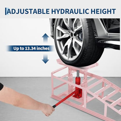 Heavy Duty Hydraulic Car Ramps 2 Pack, 5T/11000 Lbs Low Profile Adjustable Steel Lift Ramps for Trucks, SUVs & Low Cars, 9.4"–13.3" Height, Oil Changes, Garage Repairs & Maintenance – Pink - color: Pink