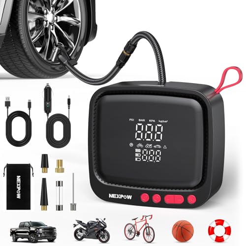 NEXPOW Tire Inflator Portable Air Compressor - Air Pump for Car Tires with 12V DC Power Adapter, 180PSI Electric Tire Pump with Digital Pressure Gauge for SUV, Motorcycle, Bicycle, Basketball - color: Red, size: Cordless 180 PSI