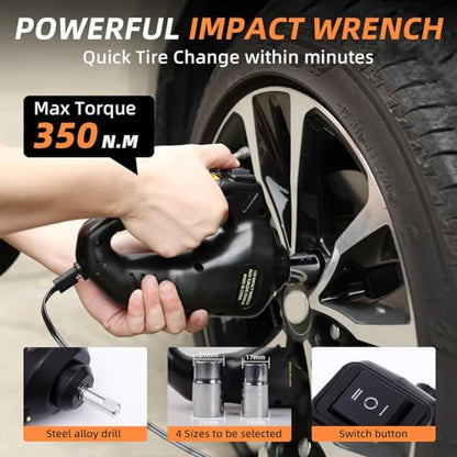 STANDTALL Electric Car Jack 5 Ton 12V Floor Jack, Impact Wrench, Inflator | Fits Sedan SUV Truck, Lift Range 5.9-17.7in, 350 N·m Impact Wrench, 35L/min Pump, 150 PSI Gauge, Headlight - color: Black Jack+Portable Wrench