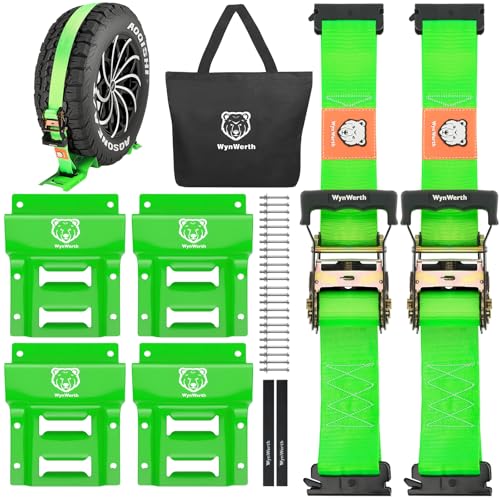 UTV Wheel Chock Tie Down Kit 4,500lb Break Strength 2Pack | (2) 2" x 8' Heavy Duty Trailer Tire Ratchet Straps, (4) Wheel Chocks for for ATV, UTV, Lawn Mower or Tractors, Green - color: Green, 2 Pack