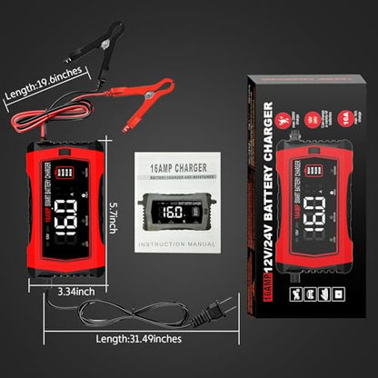 Haisito 16-Amp Smart Battery Charger (6V/12V/24V), Fully Automatic Trickle Charger Maintainer & Desulfator for Car Boat RV - Supports Lithium LiFePO4, AGM, Gel, Deep Cycle Lead-Acid Batteries - color: 16A