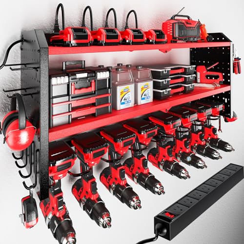 KAFAHOM Power Tool Organizer with Charging Station, Built in 8 Outlet Power Strip, Large 8 Drill Holder Wall Mount, Heavy Duty Metal Power Tool Storage Rack Tool Shelf for Garage Organization Red - color: Red-32 inches, size: 8 DRILL RED