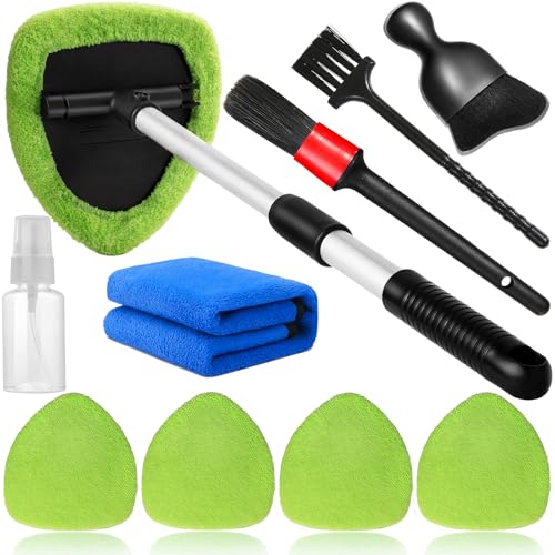 Qydipclin 10pcs Windshield Cleaning Tool Inside Car Window Cleaner Wash Kit with 4 Reusable Microfiber Pads 1 Spray Bottle and Extendable Handle Interior Auto Glass Wiper Kit, Green - color: Green