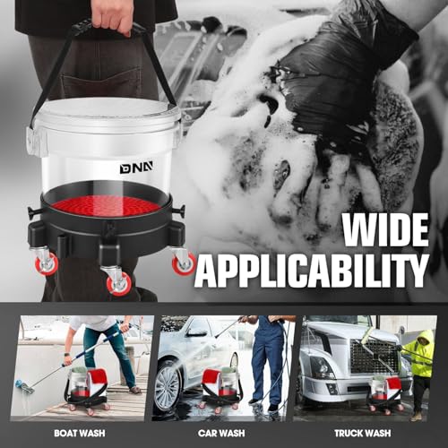 DNA Motoring 5 Gallon Washing System Includes 15.5L Bucket, Filtration System Insert, Five Castor, Bucket Dolly, and Lid for Car Wash and Detailing, Transparent, TOOLS-00603