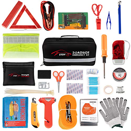 STDY Car Roadside Emergency Kit, Vehicle Truck Safety Road Side Assistance Kits Auto Accessory, with Jumper Cables, Tow Rope, Reflective Triangle, Tire Pressure Gauge, etc - size: Essential Kit