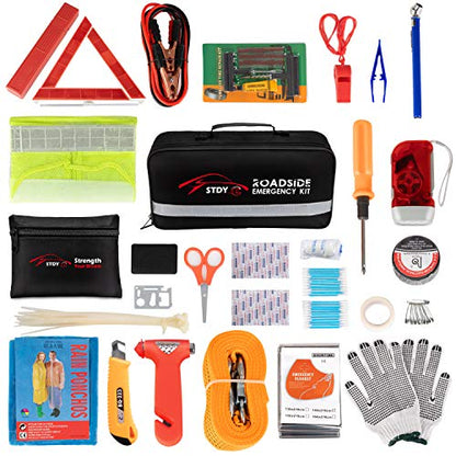 STDY Car Roadside Emergency Kit, Vehicle Truck Safety Road Side Assistance Kits Auto Accessory, with Jumper Cables, Tow Rope, Reflective Triangle, Tire Pressure Gauge, etc - size: Essential Kit