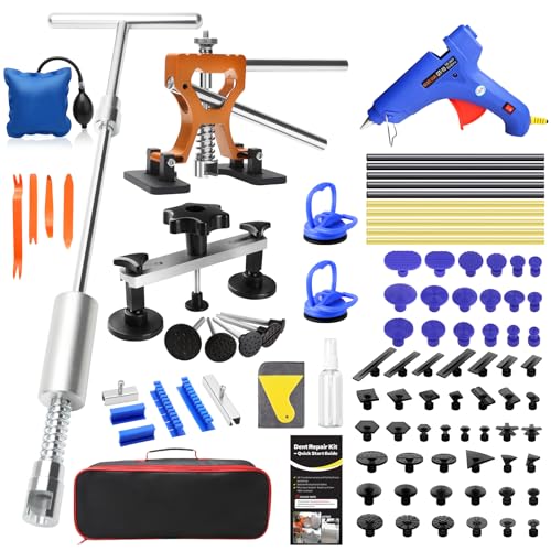 Car Dent Puller, Effortless Dent Removal Tool Kit with Strong Adhesive Glue Sticks & 100W Hot Glue Gun, Trim Removal & Air Wedge, Paintless Dent Repair for Auto Door Dings, Hail or Hood