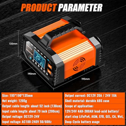 Car Battery Charger 20A 12V/24V Adjustable Current 0.5A-20A LiFePO4 Lead Acid Fully Automatic Battery Maintainer, Smart Trickle Charger with Pulse Repair, Winter Mode, for AGM Gel Deep Cycle Batteries