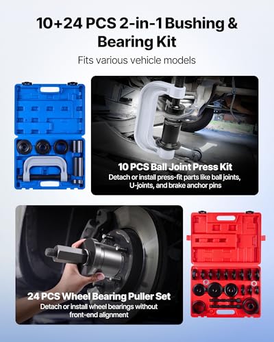 VEVOR 10pcs Ball Joint Press & 24pcs Wheel Bearing Race and Seal Driver Set with 13 Bushings, C-Frame and Sleeves, 2 in 1 Bearing Press Kit, Heavy Duty Removal Installation Set
